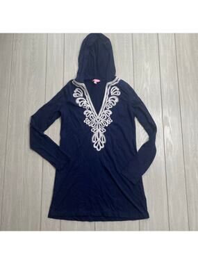 Lilly Pulitzer True Navy Blue Shell Embroidered Hooded Swim Coverup Tunic Sz XS